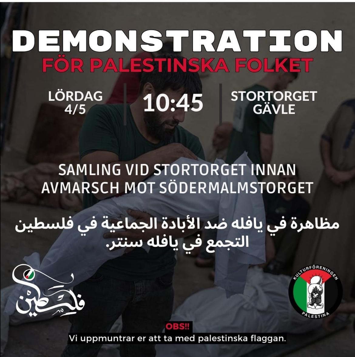 مظاهرة في مدينة يافلي السويدية السبت القادم 04-05-2024 نصرة لغزة وفلسطين 