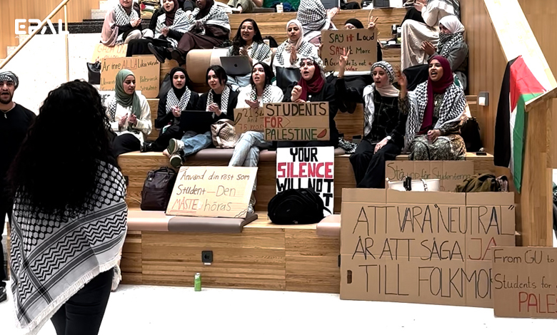 فيديو ..... بدء الاعتصام الاحتجاجي الطلابي داخل ساحات جامعة يتبوري السويدية تضامناً مع طلاب الجامعات الامريكية و دعماً لفلسطين وغزة
