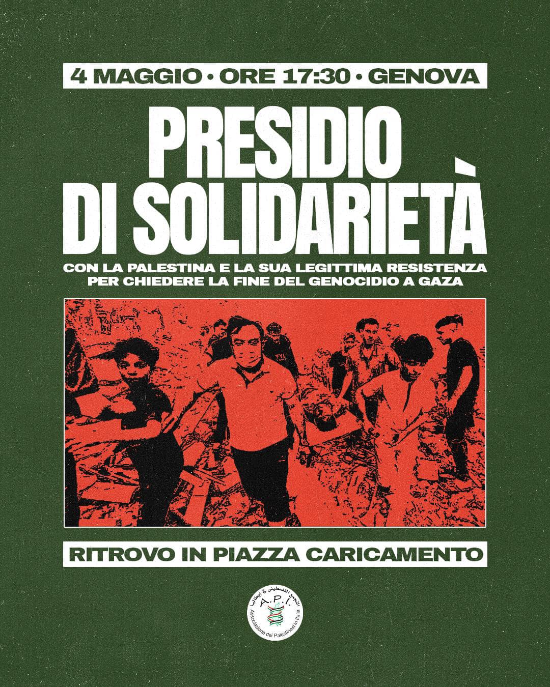 مظاهرة  في مدينة جنوى الايطالية السبت القادم 04-05-2024 نصرة لغزة وفلسطين