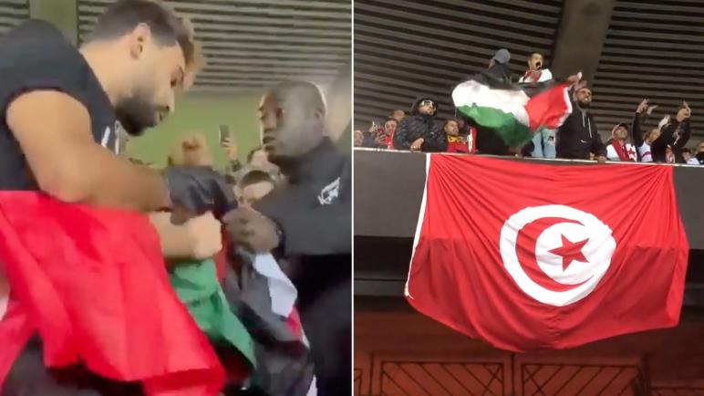 الأمن الفرنسي يحاول منع مشجع تونسي من رفع علم فلسطين أثناء مباراة ودية بين البرازيل وتونس